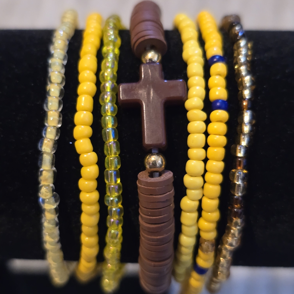 Yellow and Brown Beaded Bracelet Set